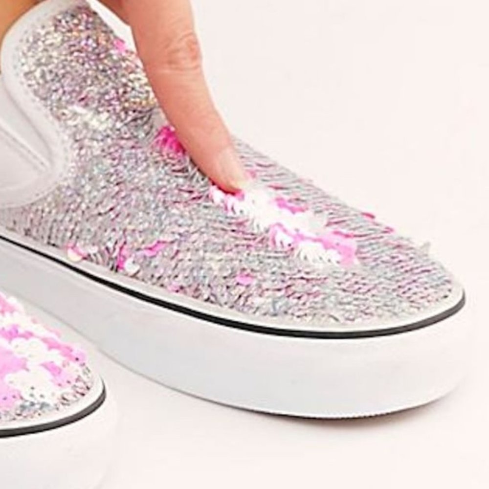 Vans Checkered Pink and Silver Sequin Slip Ons